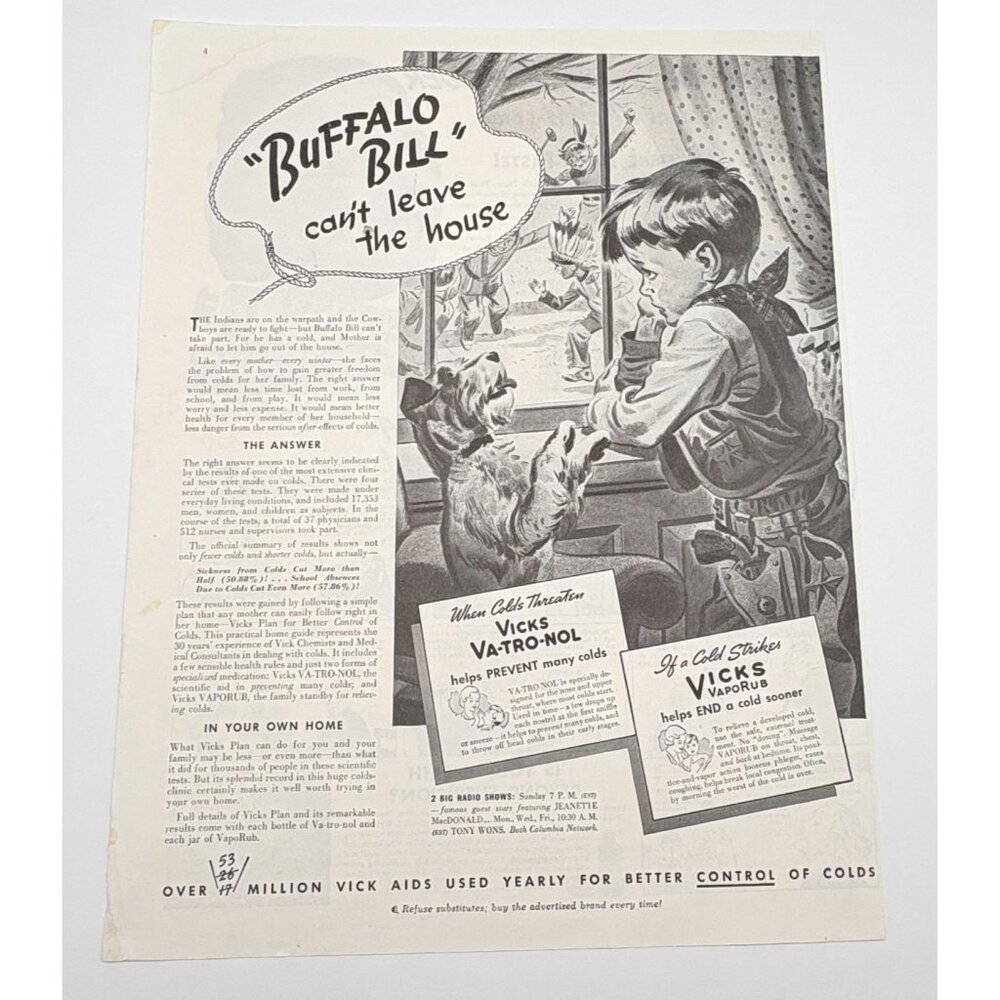 Vicks Vaporub Vintage Print Ad 1930s Cold Relief Medical Cowboy & Indians